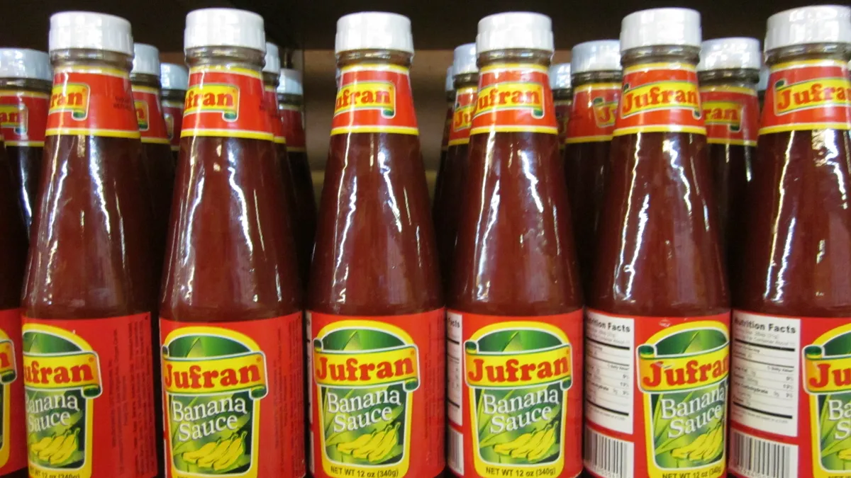 Bottles of banana sauce, a popular condiment alternative worldwide