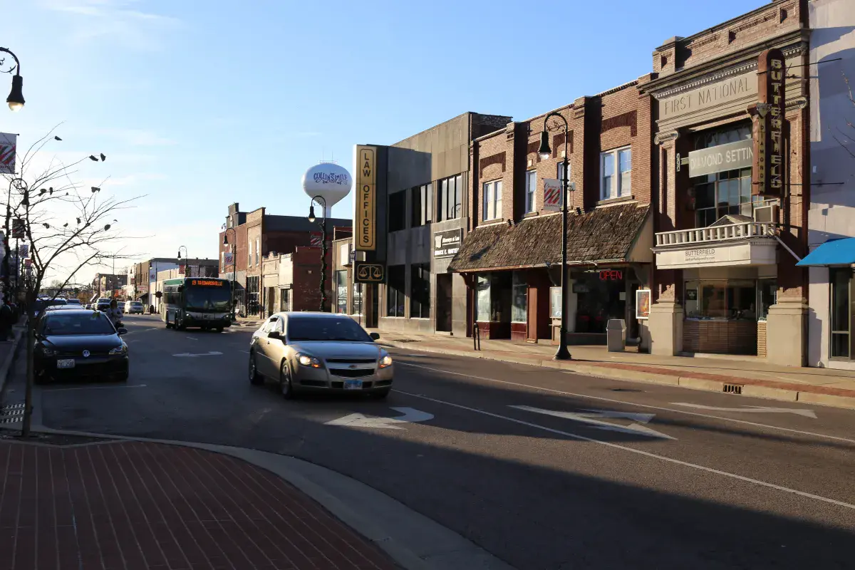 A charming view of Main Street in Collinsville, Illinois, home of the Brooks catsup bottle