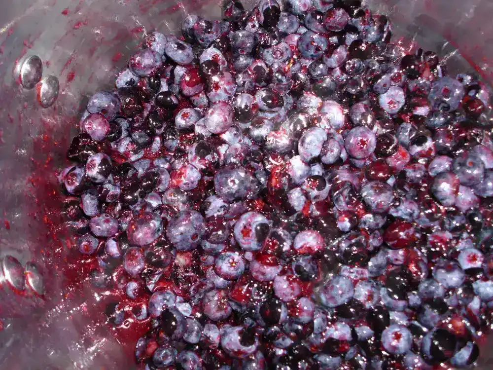 Blueberries bubbling away in a big pot of homemade jam