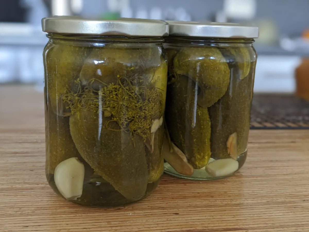 Jars of pickled cucumbers — you can use pickle juice from jars like these to make DIY pickle ketchup