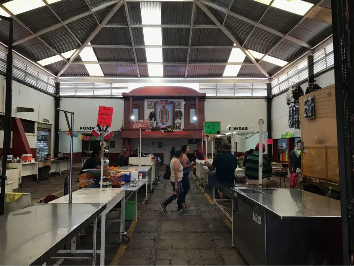 The interior of a bustling Mexican food market