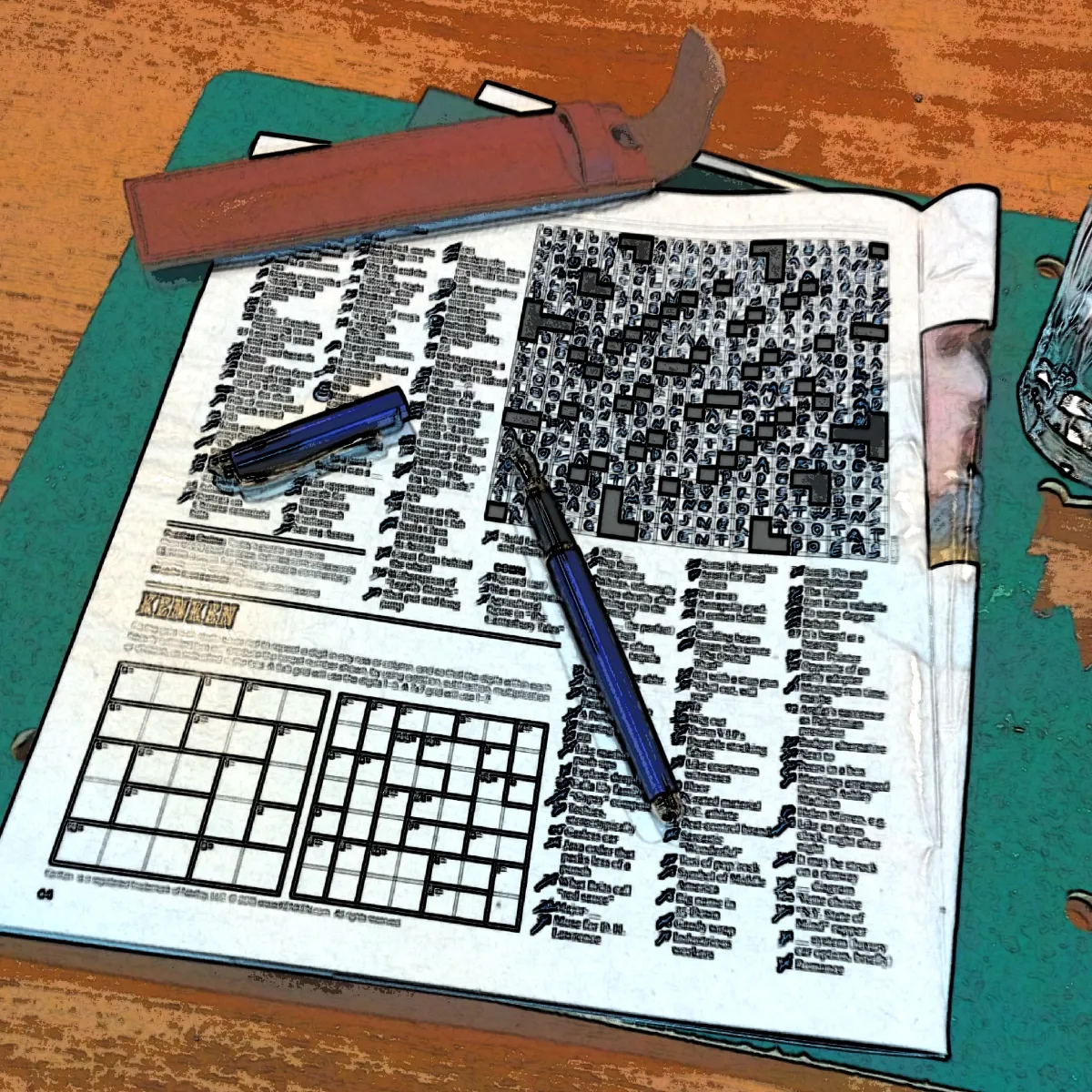 A New York Times Sunday crossword puzzle with a fountain pen — the NYT crossword frequently features ketchup brand as a clue