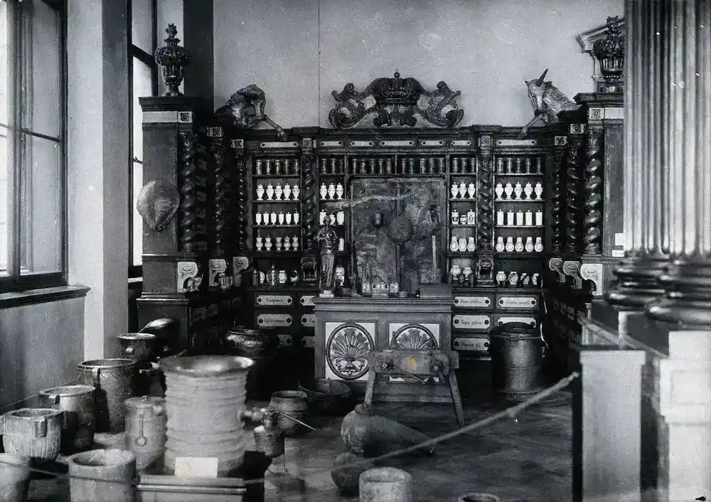 The interior of a historical pharmacy where patent medicines like tomato pills were once sold