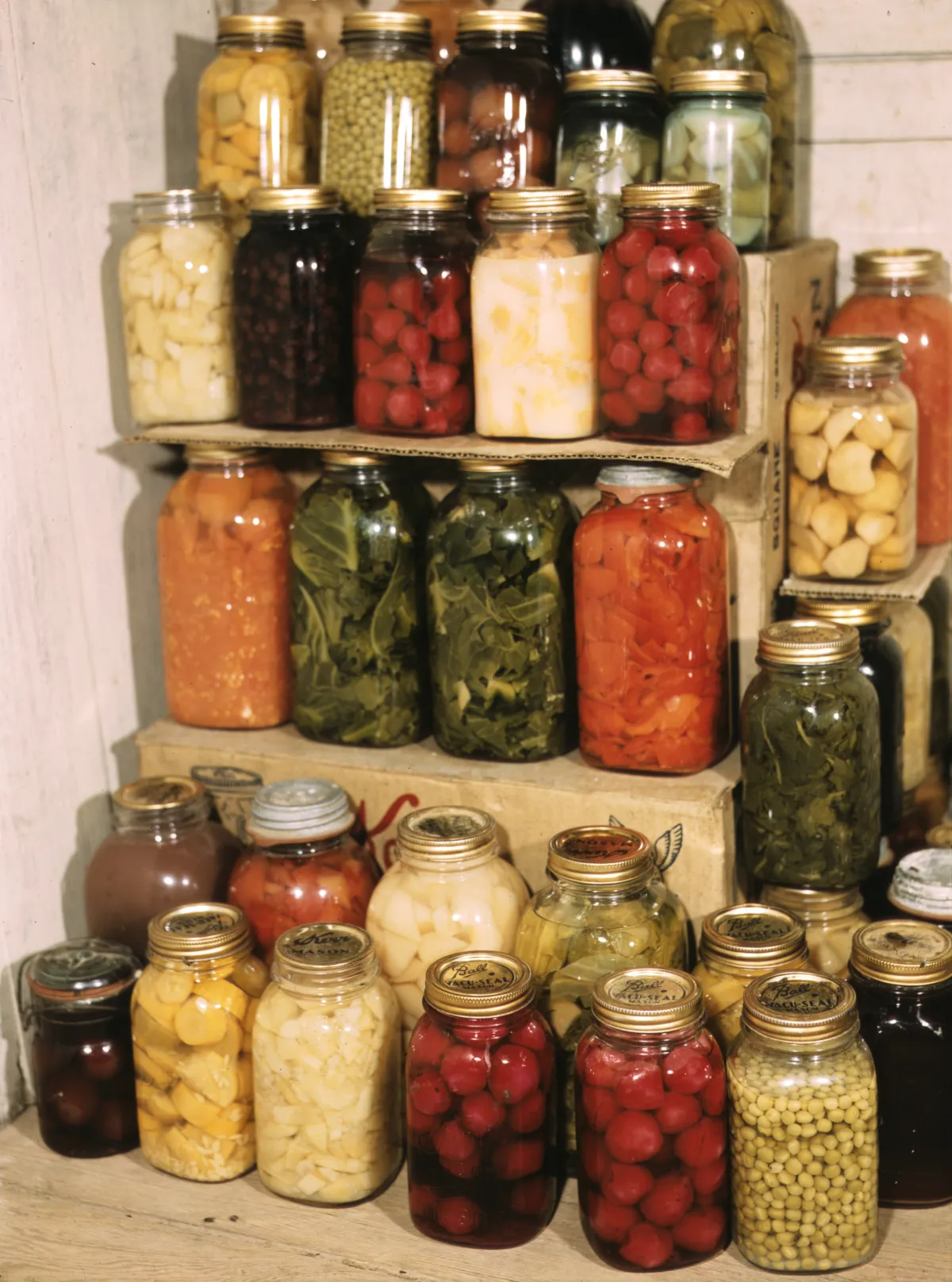 Rows of Preserved Food Jars Lining Pantry Shelves