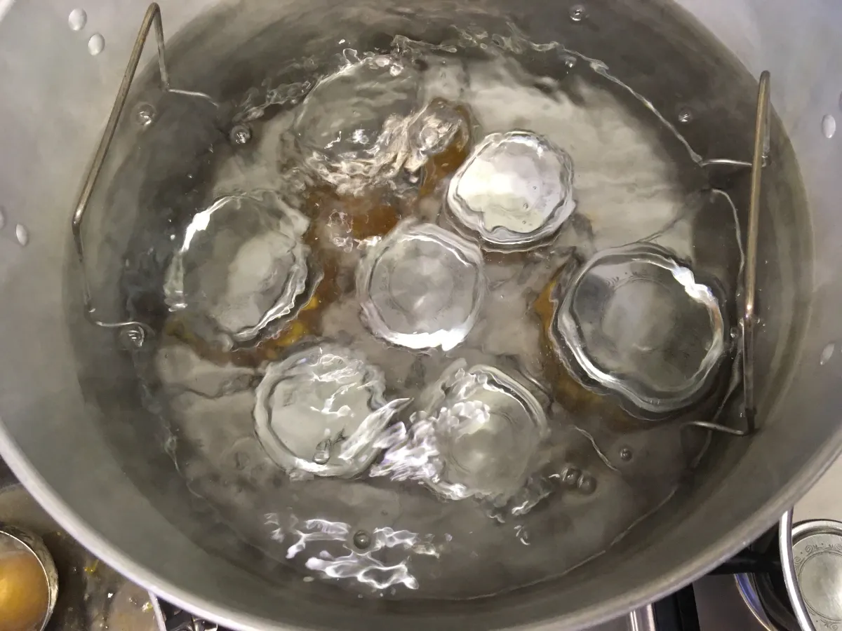 Jam Jars Being Processed in a Boiling Water Bath Canner